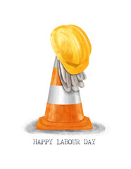Watercolor illustration of a safety helmet and a traffic cone with the inscription Happy Labor Day