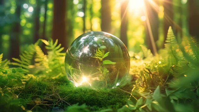 Crystal earth on green grass forest with sunlight. Save the World, earth day, ecology concept.