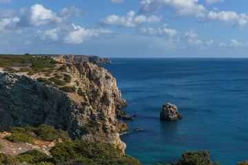 Coastal view from Praia do Barranco beach at Atlantic ocean, Algarve, Portugal