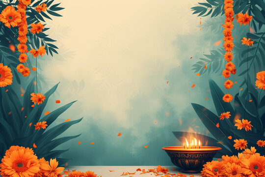 Traditional indian burning lamp and orange flowers. Ethnic decorations for Indian festival of lights Diwali and Pongal. Ugadi, Gudi Padwa. Hindu New Year. Religion concept with copy space