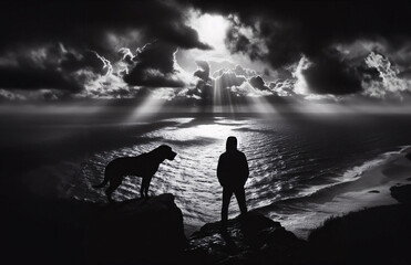 Seeking hope a man gazes at the sea amidst looming clouds and mental health struggles with black dog of depression