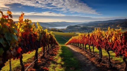 
A photo capturing the picturesque landscape of a vineyard during the autumn harvest, with colorful leaves and grapevines.