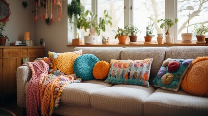 
A photo showcasing a collection of knitted pillows on a boho-chic couch, adding a touch of handmade charm to the living space