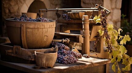 
Scenes of a traditional wine press in action, with grapes being pressed to extract the juice for winemaking.