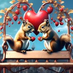 Squirrels on a tree. A pair of squirrels sitting on a bench, sharing a heart-shaped acorn and gazing lovingly into each other's eyes. Valentine's Day theme. Generative AI.