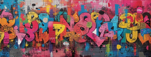 Vibrant colors come alive in this street art mural, expressing the artists creativity through a mix of text and graffiti. Full Frame, - obrazy, fototapety, plakaty
