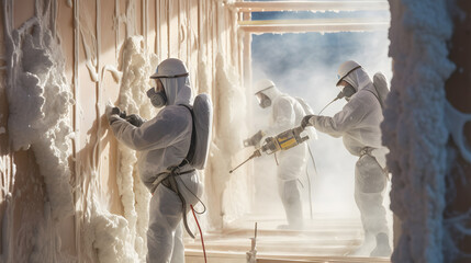 Man worker spraying polyurethane foam inside of future cottage. Neural network AI generated art - obrazy, fototapety, plakaty