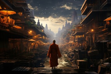 Monk city walk. Travel temple culture. Generate Ai - obrazy, fototapety, plakaty