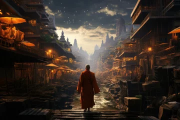 Foto op Canvas Monk city walk. Travel temple culture. Generate Ai © juliars