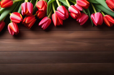 Naklejka na ściany i meble Top view photo of floral decorations pussy willow branches and colorful tulips on isolated light background with empty space