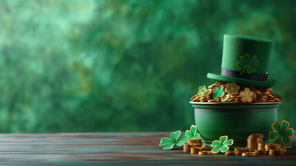 A festive St. Patrick's Day setting with a leprechaun hat, pot of gold coins, and scattered shamrocks on a lush background..