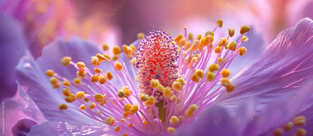 Canvas Prints A macro photograph showcasing the intricate details of a magenta flower's petal with yellow pollen, displaying the artistry of nature.