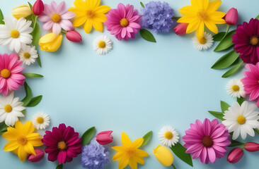 Obraz premium Floral banner with tulip rose buds spring flowers and leaves on a light blue table background. Greeting card with place for valentine's day, birthday, mother's day, wedding and spring holidays text