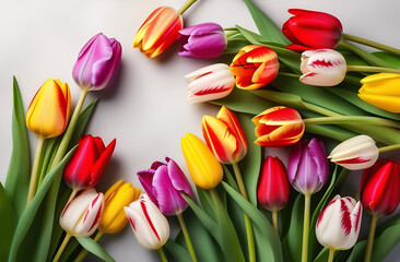 Top view photo of floral decorations pussy willow branches and colorful tulips on isolated light background with empty space