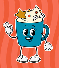 Christmas character concept. Cup with dessert with legs and hands. Retro symbol of holidays and festivals. Template and layout. Cartoon flat vector illustration isolated on yellow background