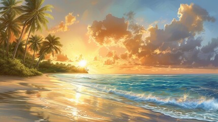 A painting of a sunset on the beach with palm trees, AI