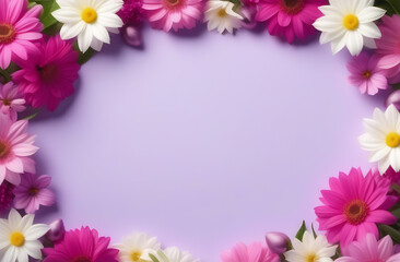 Fototapeta premium Floral banner with tulip rose buds spring flowers and leaves on a light blue table background. Greeting card with place for valentine's day, birthday, mother's day, wedding and spring holidays text