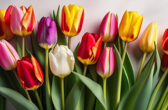 Top view photo of floral decorations pussy willow branches and colorful tulips on isolated light background with empty space
