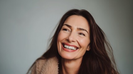 Naklejka premium Close up beautiful middle aged woman smiling and laughing.