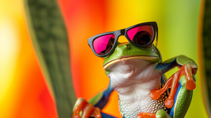 flying frog laughing with sunglasses. AI Generative in studio with a colorful and bright background - obrazy, fototapety, plakaty
