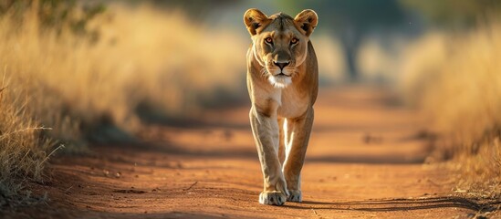 A Felidae, carnivorous lioness with whiskers and a snout walks through the wild landscape, a terrestrial habitat of big and small-medium sized cats, on a dirt road surrounded by wood. - obrazy, fototapety, plakaty
