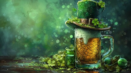 A painting of a leprechaun hat and beer mug on the table, AI