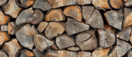 Seasoned firewood logs with a seamless wood texture for wallpaper that are prepared for winter.