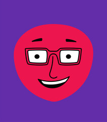 Cute doodle face concept. Emotions, feelings and facial expressions. Abstract creativity and art. Character in glasses. Simple flat vector illustration isolated on violet background