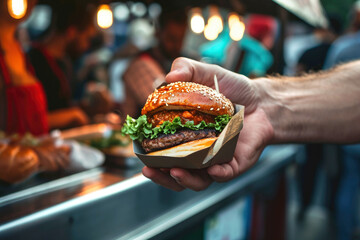 Person in fast food street market, holding in hand delicious burger in paper wrap, freshly made cheeseburger, outdoors, closeup. Summer - obrazy, fototapety, plakaty