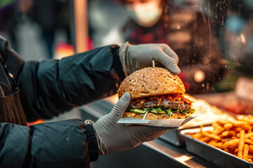 A man of a street food seller handing over a delicious burger that he has in his hand, wrapped in paper from a kiosk at a street market, at an open-air festival - obrazy, fototapety, plakaty