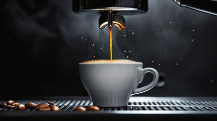 Steaming espresso pouring into a white cup from a sleek black coffeemaker. the allure of coffee brewing, dark environment and background.