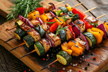 grilled chicken and vegetable skewers, on a wooden board, ready to eat.