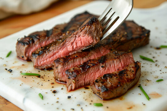 slices of freshly grilled steak on a white marble board on the wooden table, delicious entrecot with blood, rare cooking point, freshly cooked steak.