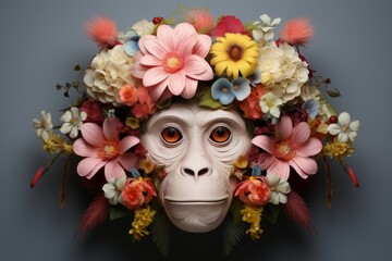 Vibrant Monkey head flowers. Zoo face. Generate Ai