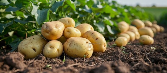Potatoes, a type of vegetable, are flourishing in the soil of a local field, ready to be turned...