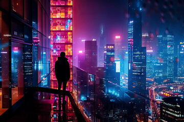 Looking out on someone standing on a balcony through a rain soaked window on to a neon city, generative ai