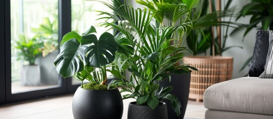 The living room has a couch and is adorned with various potted plants, including houseplants and trees, placed near windows.