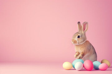 Cute Easter Bunny with pastel pink background 