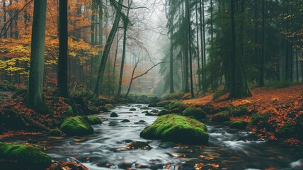 Forest stream surrounded by autumn leaves and moss-covered stones