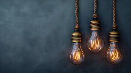 Obraz premium Vintage light bulbs hanging against a dark background, emitting a warm glow