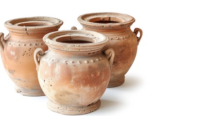 A collection of earthenware clay pots on white backdrop