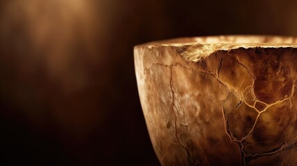 Close-up of a wooden bowl with natural textures against a dark backdrop