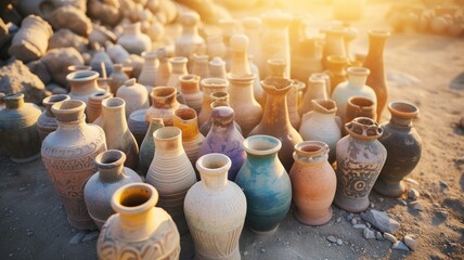 Fototapeta na wymiar A diverse collection of handcrafted pottery basking in the sunset light