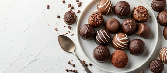 A delicious dessert dish consisting of chocolate truffles placed on a white plate, accompanied by a...