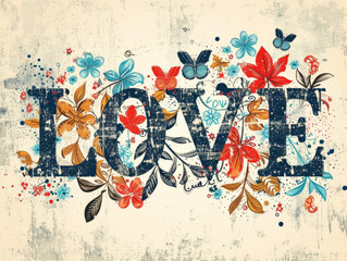 Vintage 'LOVE' Design, adorned with Old-Fashioned Typography and Nostalgic Retro Illustrations.Perfect for Greeting Cards, Stationery,Digital Invitations,Social Media, Prints