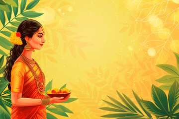 Obraz na płótnie Canvas Indian woman in red mekhla holding religious offering on yellow background with copy space. Ugadi or Gudi Padwa celebration. Indian festival Diwali. Hindu New Year. Religion and ethnic concept