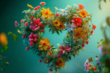 Illustration of a Heart-Shaped Floral Wreath of Wildflowers. Love and Affection Valentine's Day