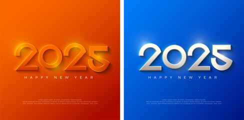 Modern and 3D Design Happy New Year 2025 with orange numbers in the background orange premium design for speech, banners, posters, calendar or social media posts.