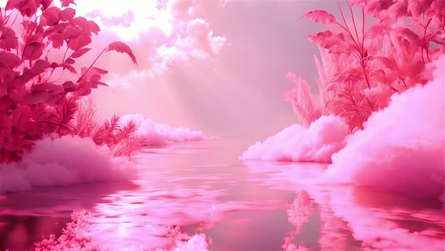 Fantasy landscape with grass and water surface in pink