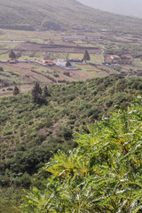 Mountain valley view in Tenerife island during calima, warm wind from Africa bringing dust and sand. Tenerife, Canary islands, Spain.